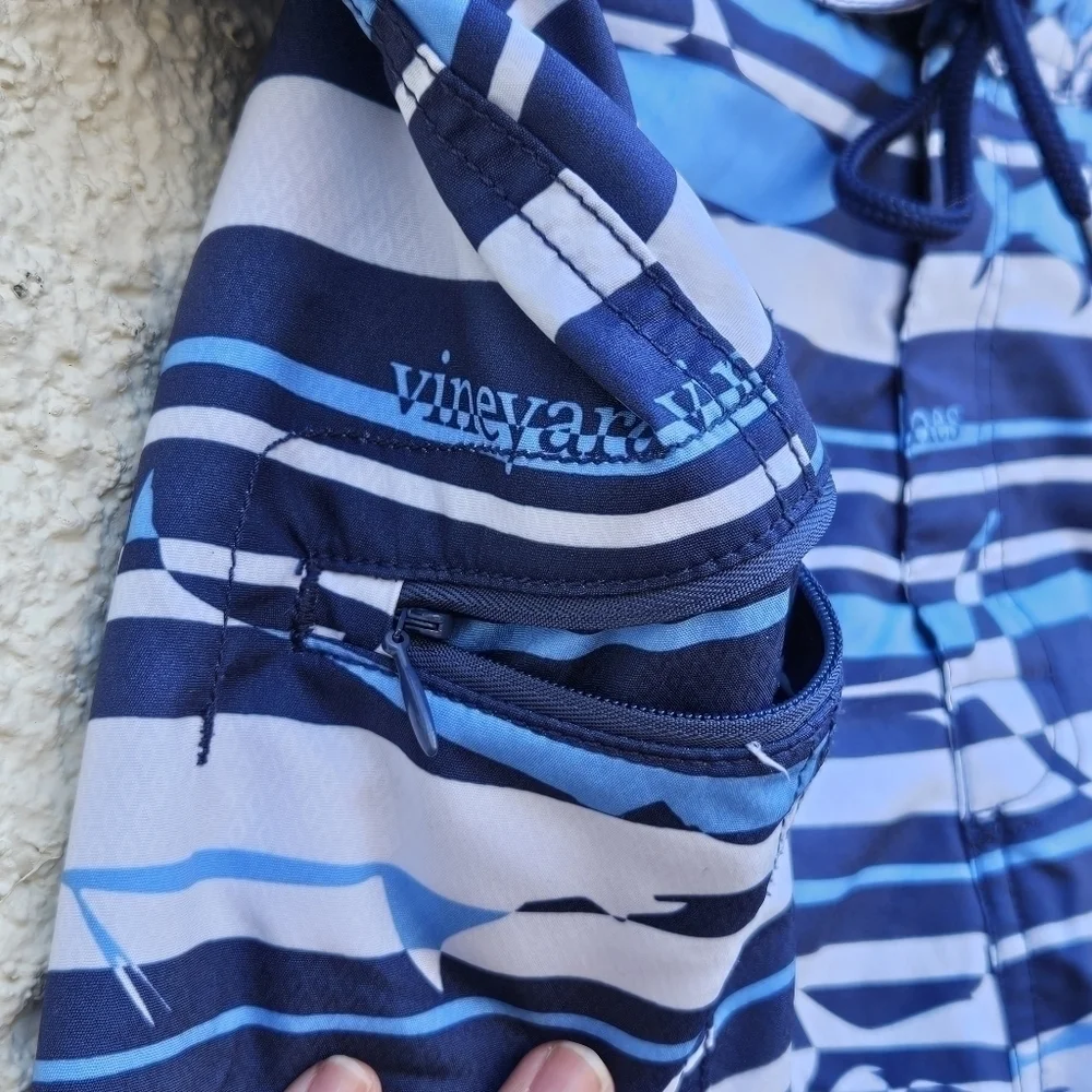 Vineyard Vines blue and white striped board shorts with fish sharks size 38